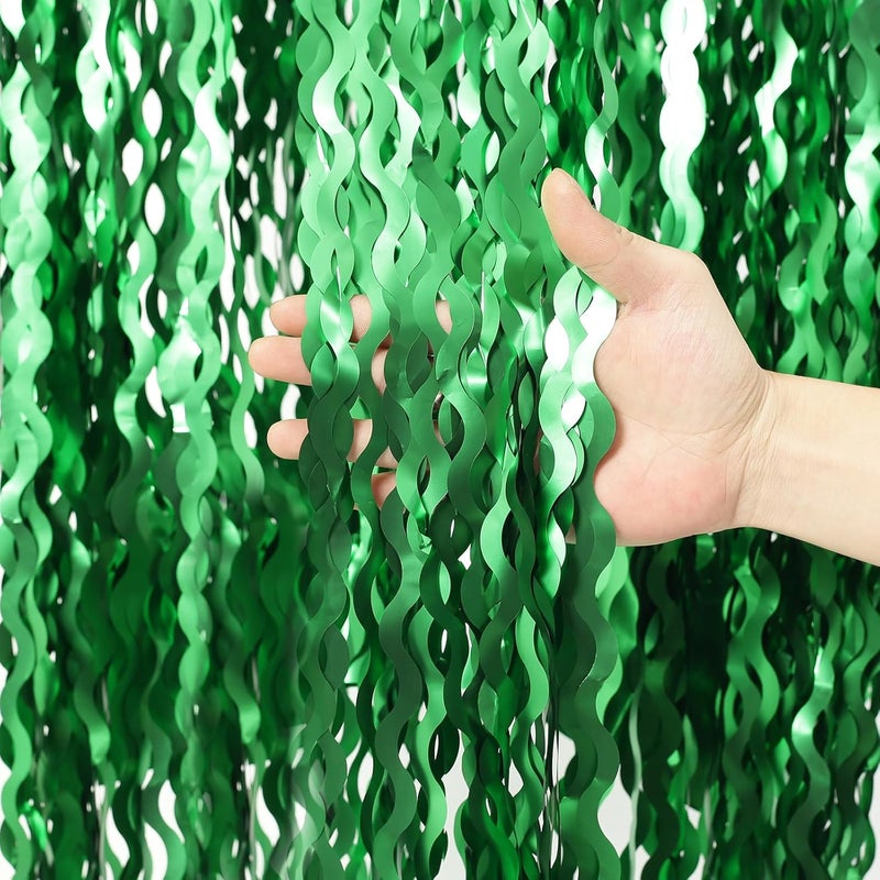 KEEUH 4Pcs Wavy Green Fringe Backdrop -3.3x6.6ft Green Streamer Foil Curtains for Jungle Party Decorations | St Patricks Day Decorations | Football Decorations | Xmas - Image 2